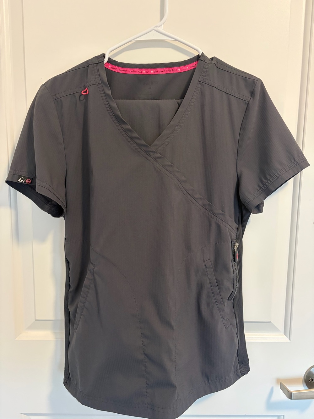 Koi Lite Women's Gray V-Neck Scrub Set with Hot Pink Trim